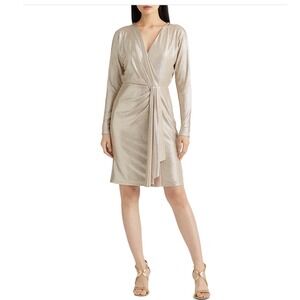 Lauren‎ Ralph Lauren Faux Wrap Cocktail Dress Tan Gold Sparkle Metallic Size 8